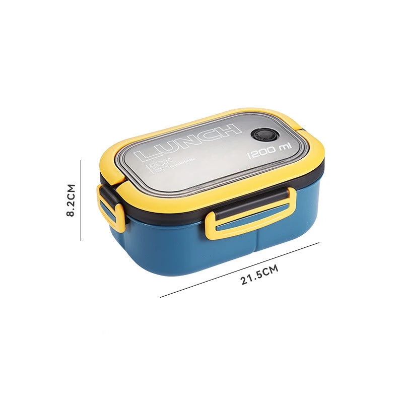 Blue and yellow lunch box with dimensions on a white background