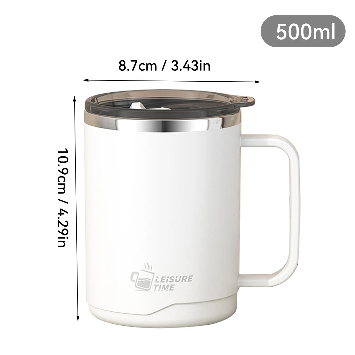 White insulated mug with dimensions and capacity label on a white background