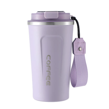 Purple coffee tumbler with a strap on a white background