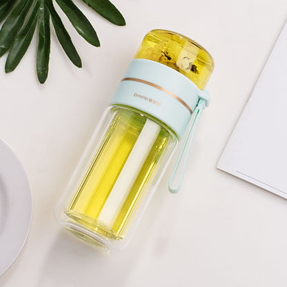 Clear water bottle with yellow liquid on a light surface with green leaves