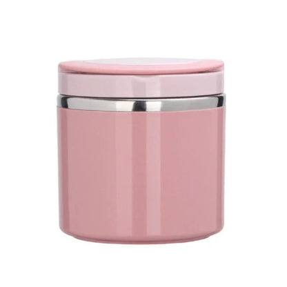 Pink thermos jar with silver band on a white background