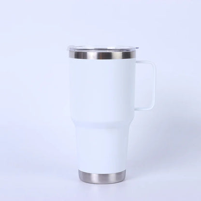 White insulated mug with silver lid and handle on a white background