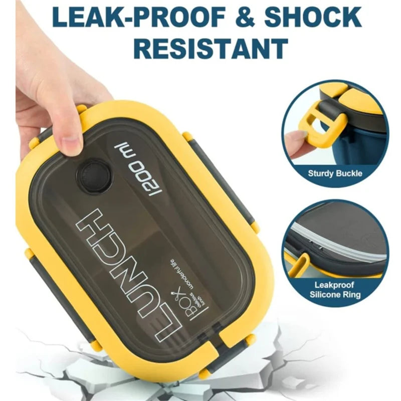 Yellow and black container with 'Lunch Box' branding, showing features like a sturdy buckle and leakproof silicone ring.