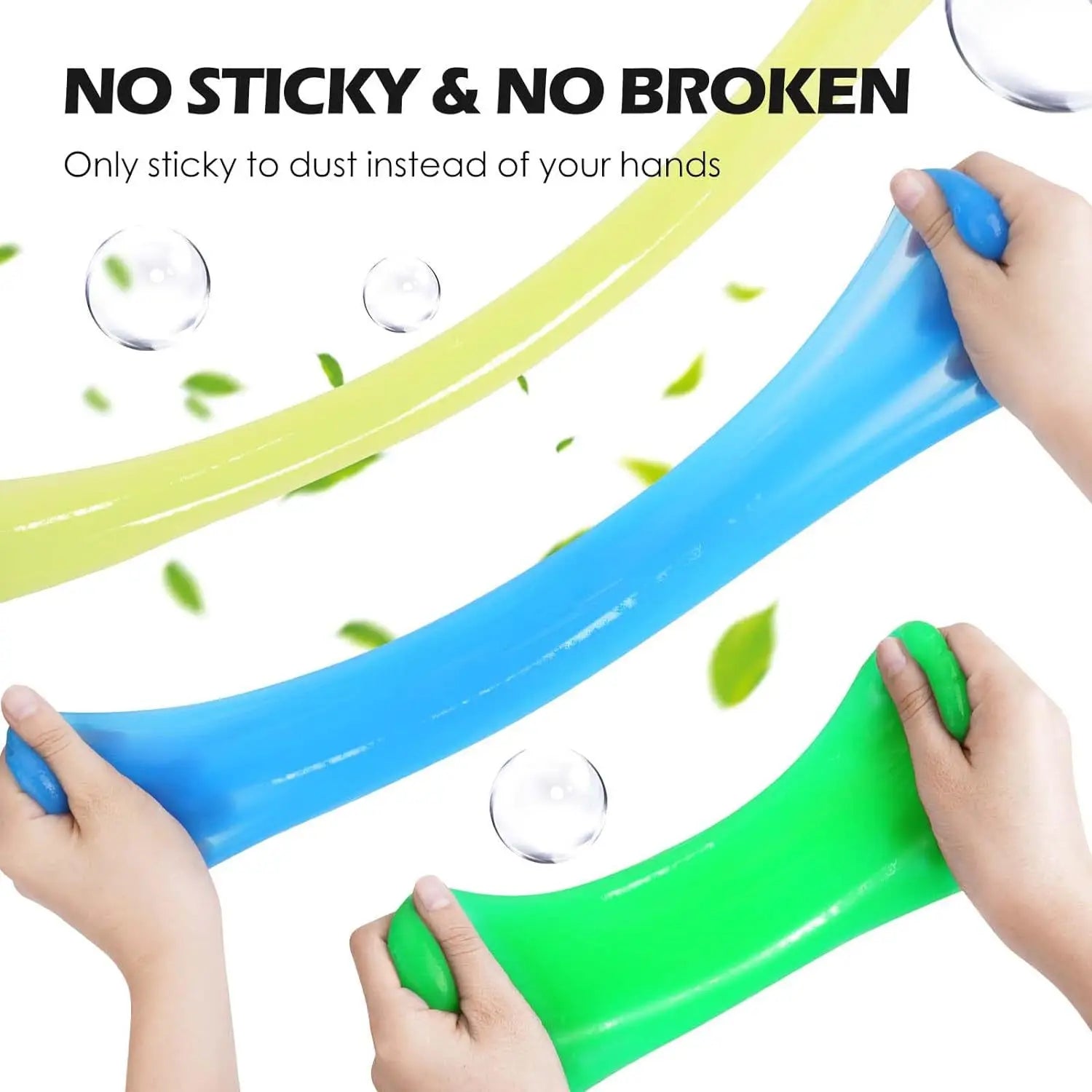 Hands stretching blue and green stretchy bands with text about being sticky to dust instead of hands on a white background.