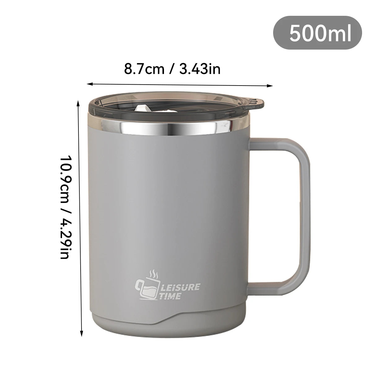 Gray insulated mug with handle and measurements on a white background