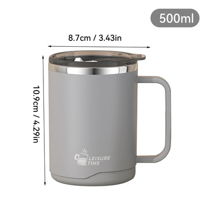 Gray insulated mug with handle and measurements on a white background