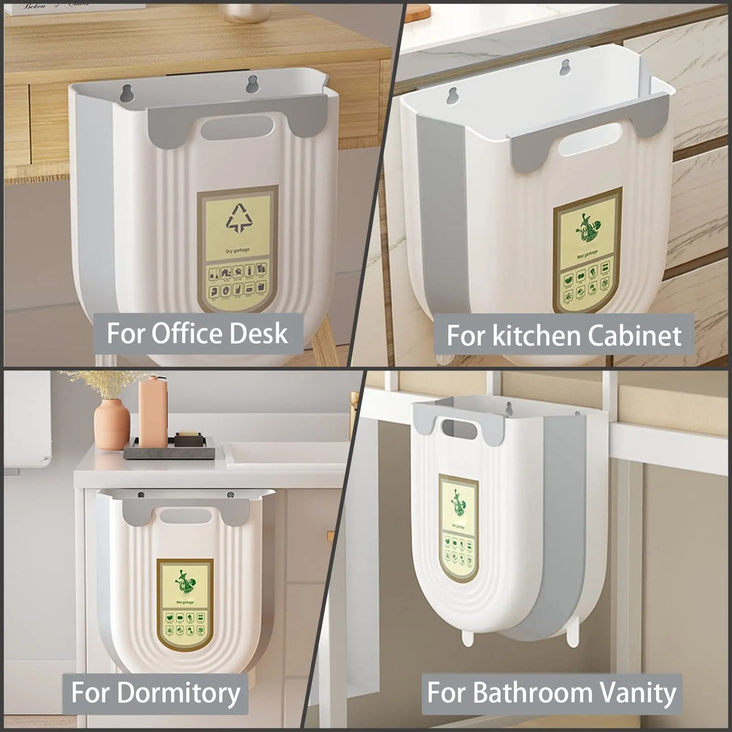Collage of a wall-mounted trash can with labels for office desk, kitchen cabinet, dormitory, and bathroom vanity.