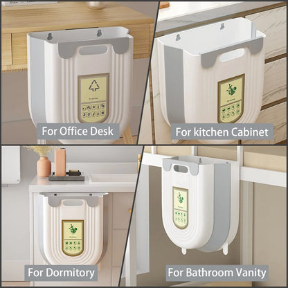 Collage of a wall-mounted trash can with labels for office desk, kitchen cabinet, dormitory, and bathroom vanity.