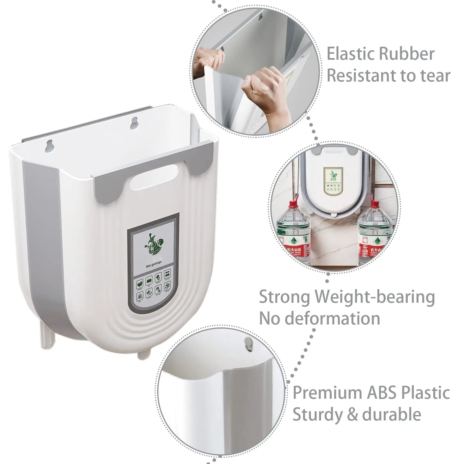 Wall-mounted plastic bag holder with features highlighted on a white background