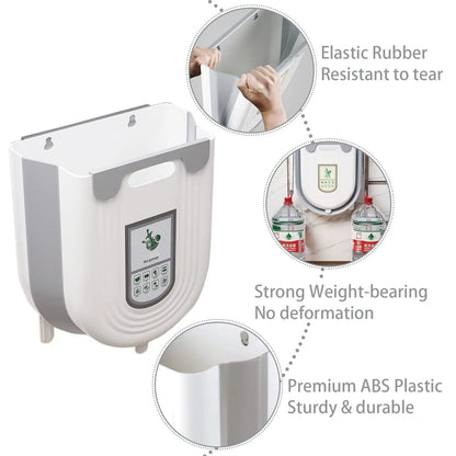 Wall-mounted plastic bag holder with features highlighted on a white background