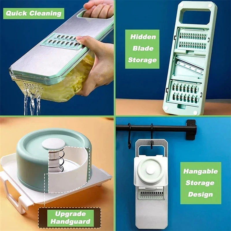 Multifunctional kitchen tool with various features highlighted on a blue background