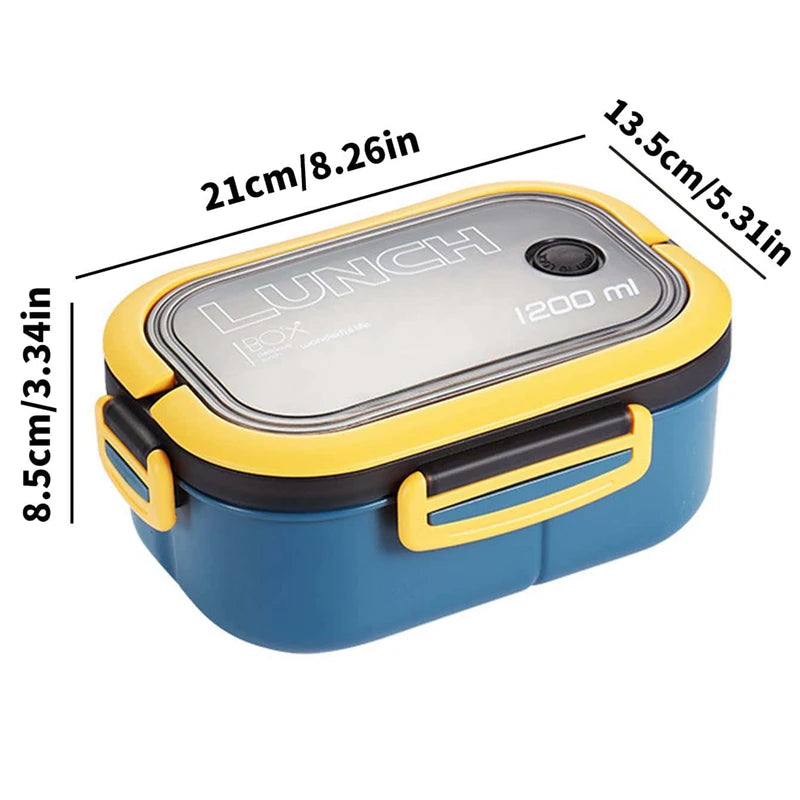 Blue and yellow lunch box with dimensions labeled on a white background