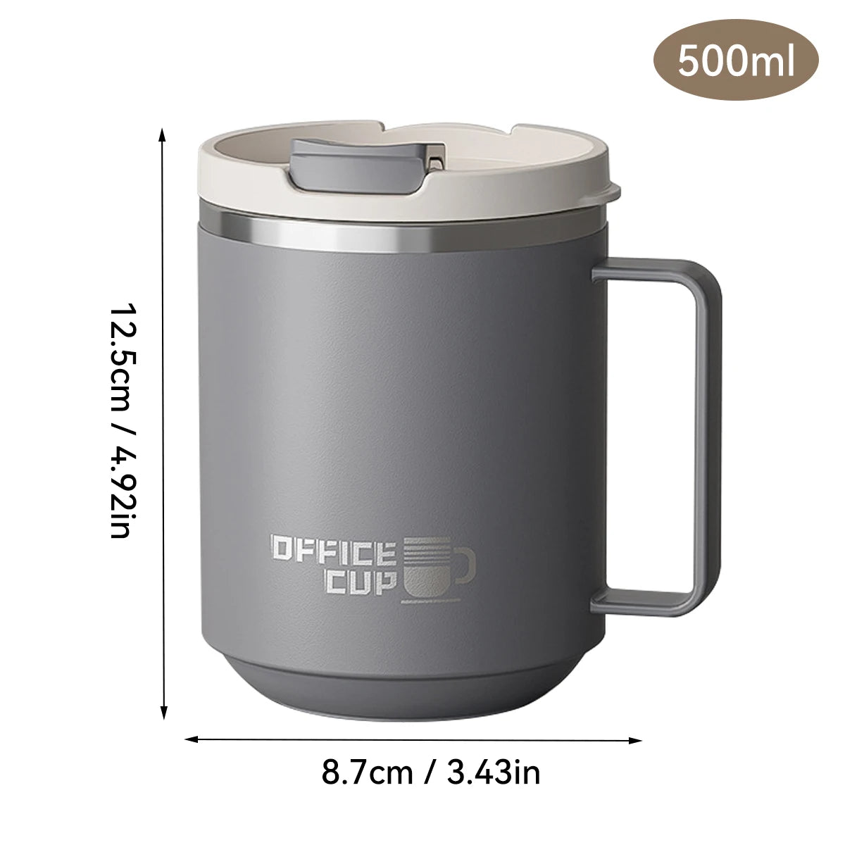 Gray insulated mug with measurements and 'Office Cup' branding on a white background