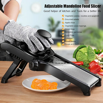 Adjustable mandoline food slicer with a plate of sliced carrots on a wooden surface, surrounded by vegetables.