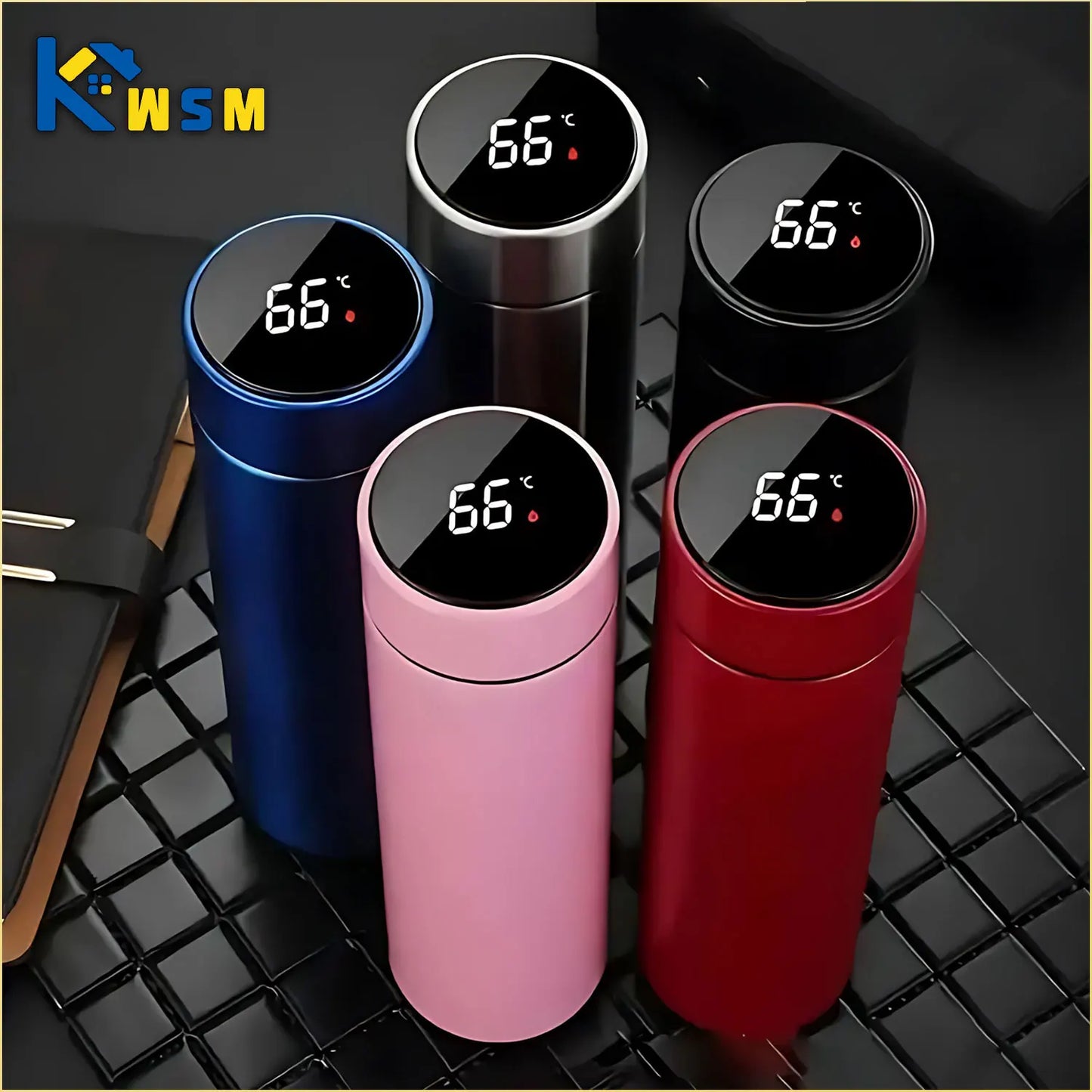 Five colorful thermos bottles with digital temperature displays on a black grid background.