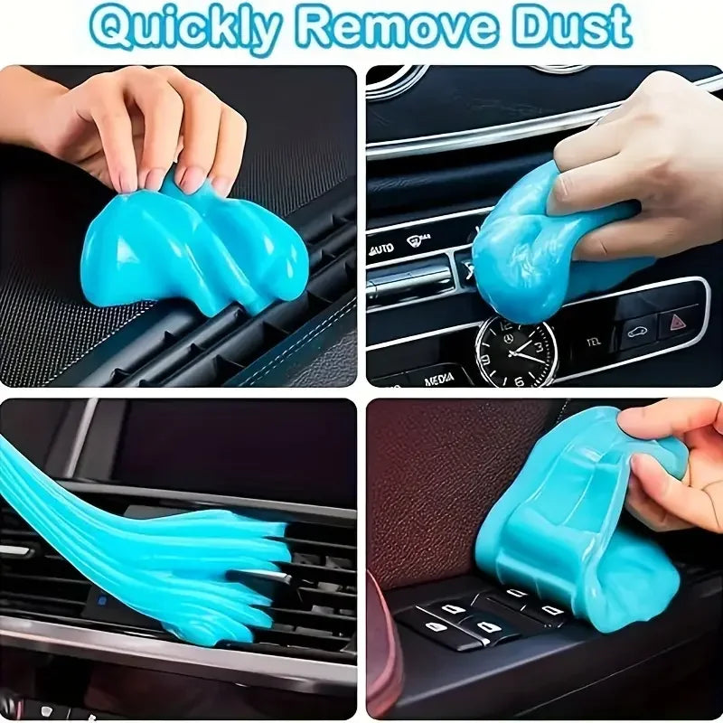 Blue car cleaning tool being used to remove dust from car interior components.