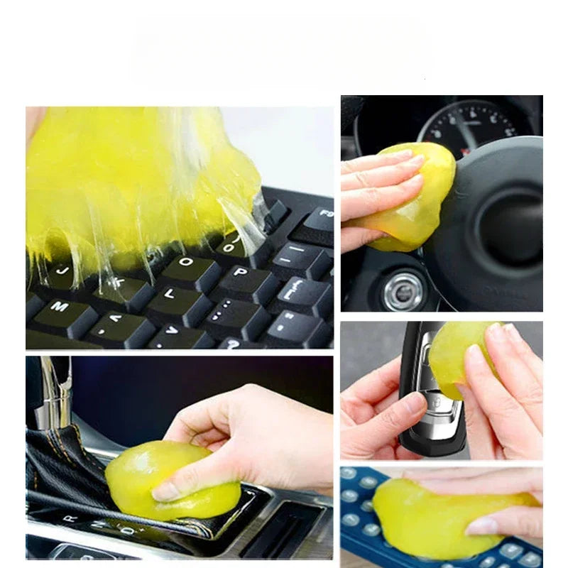 Collage of a green cleaning sponge being used on various surfaces including a keyboard, car steering wheel, and spoon.