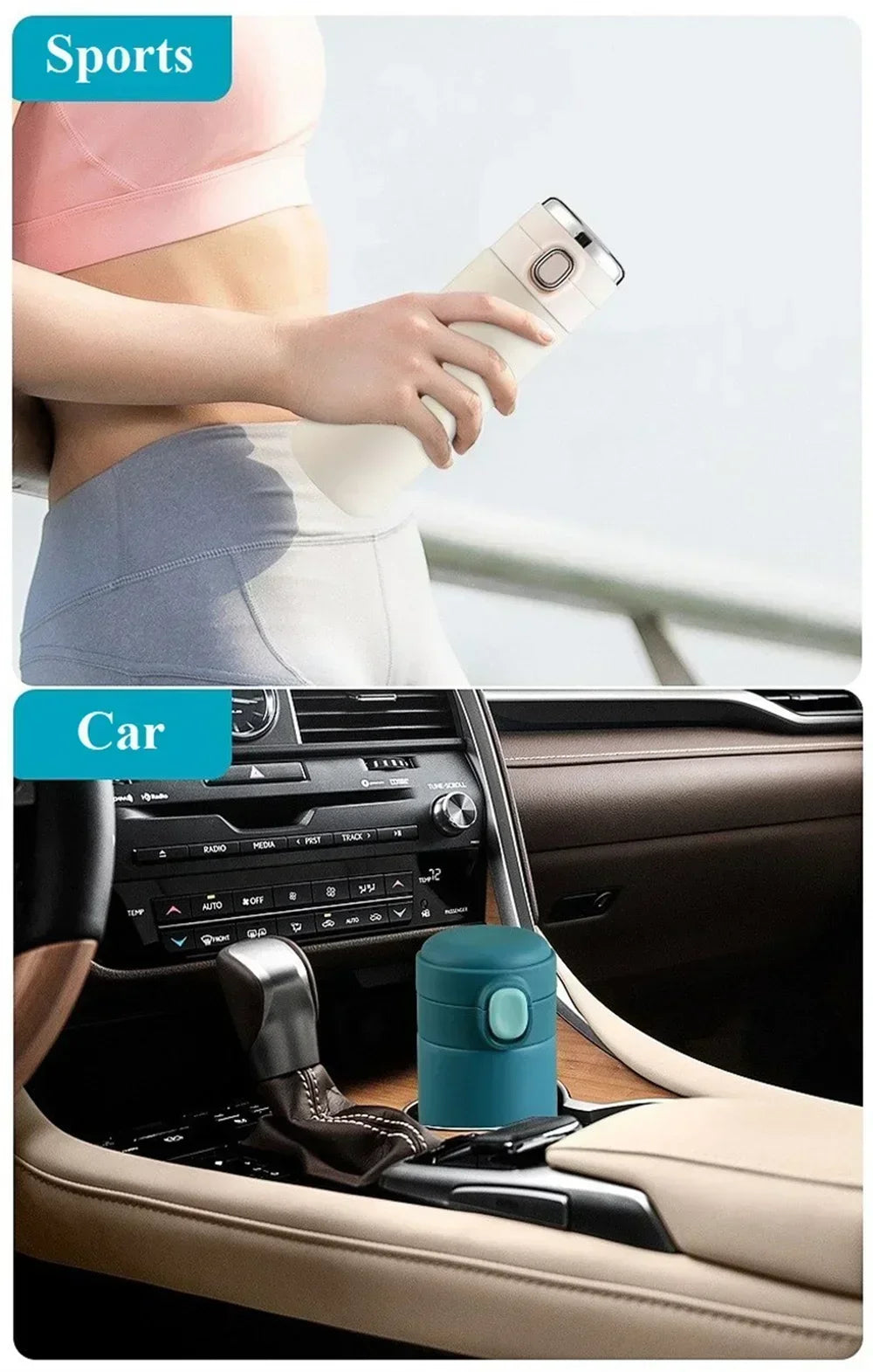 Blue car mount holder on a car's dashboard with a phone on it, labeled 'Sports' and 'Car'.