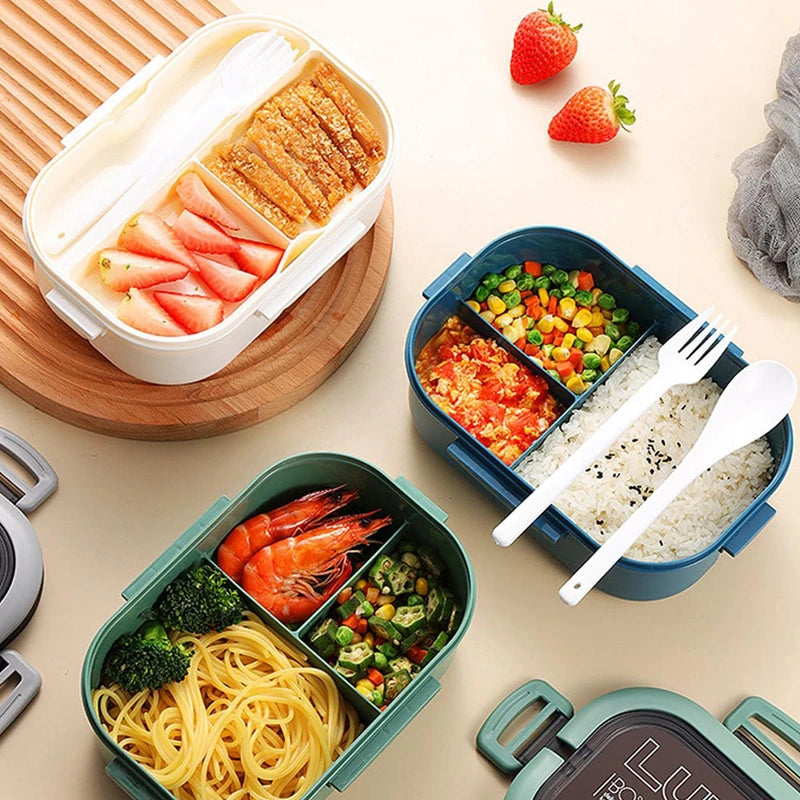 Three bento boxes with compartments of food on a beige surface.