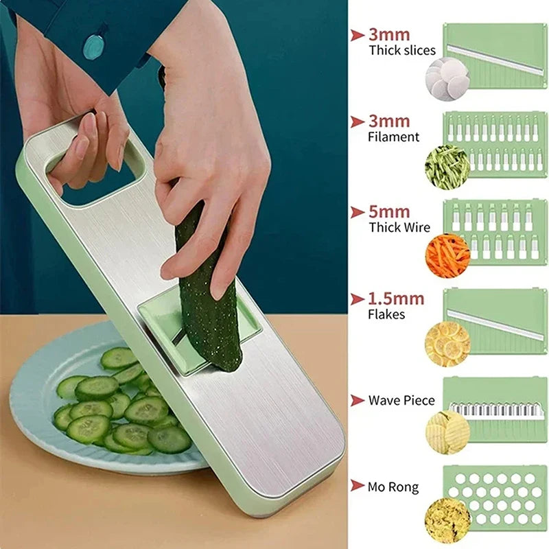 Vegetable slicer being used to slice a cucumber with a chart showing different slicing options on the right.