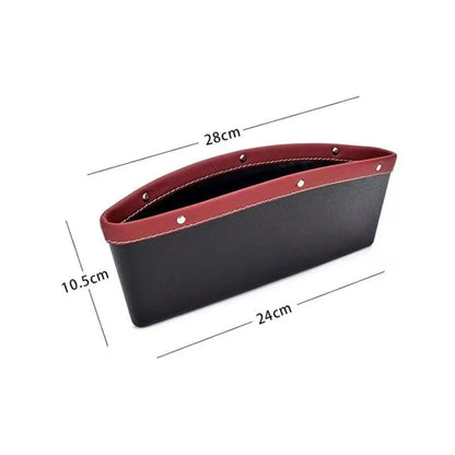Black and red car organizer with dimensions on a white background