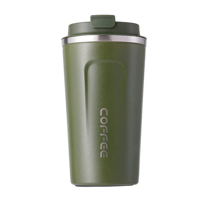 Green coffee tumbler with 'COFFEE' text on a white background