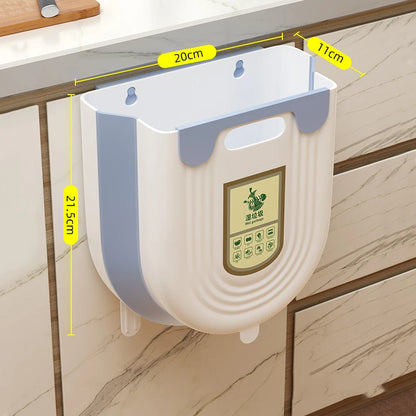 Wall-mounted trash can with dimensions labeled on a tiled wall background