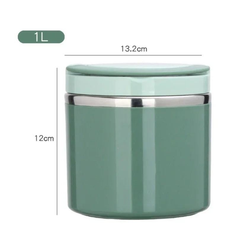 Green thermos with dimensions labeled on a white background
