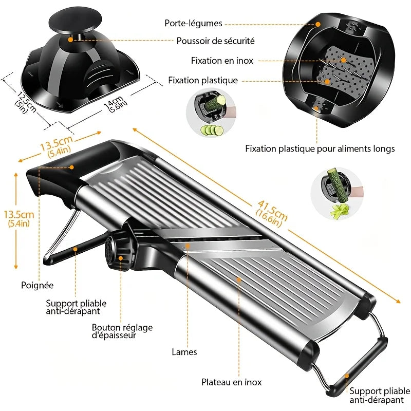 Detailed diagram of a mandoline slicer with labeled parts and measurements.
