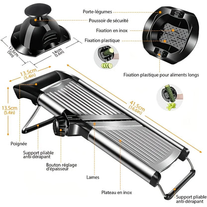 Detailed diagram of a mandoline slicer with labeled parts and measurements.