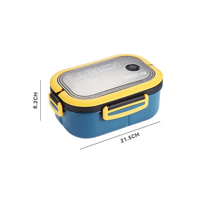 Blue and yellow lunch box with dimensions on a white background