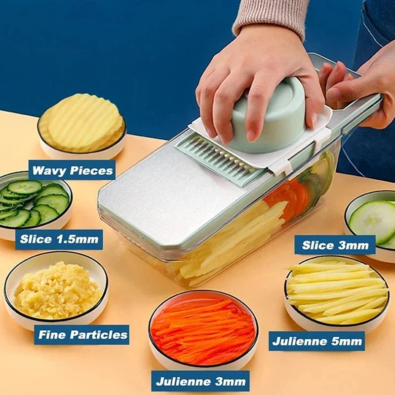 Veggie cutter with various sliced vegetables on a table