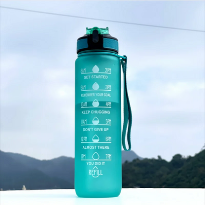 Teal water bottle with motivational markings against a mountainous background
