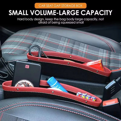 Car seat gap storage box with items inside, placed on a car seat.