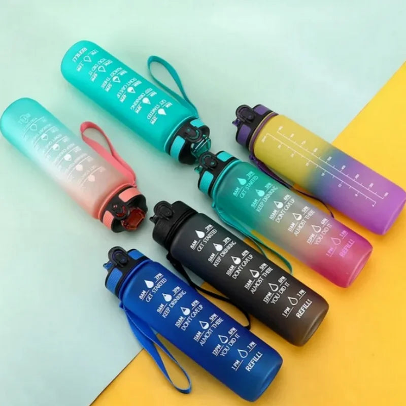 Set of colorful water bottles with measurement markings on a two-tone background