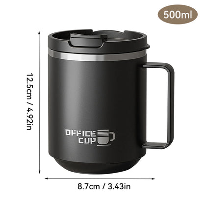 Black insulated mug with handle and measurements on a white background