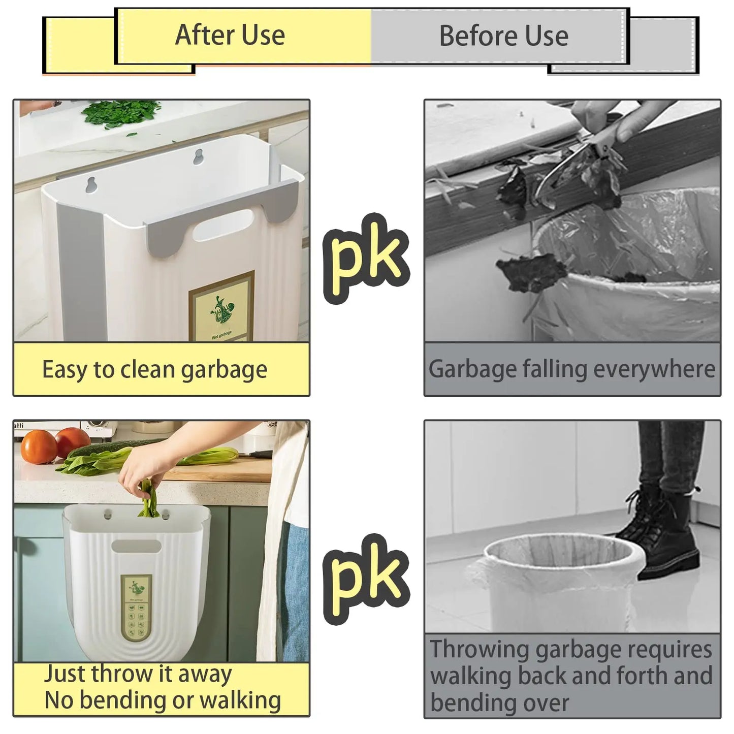 Before and after use comparison of a kitchen trash bin with text highlighting its benefits.