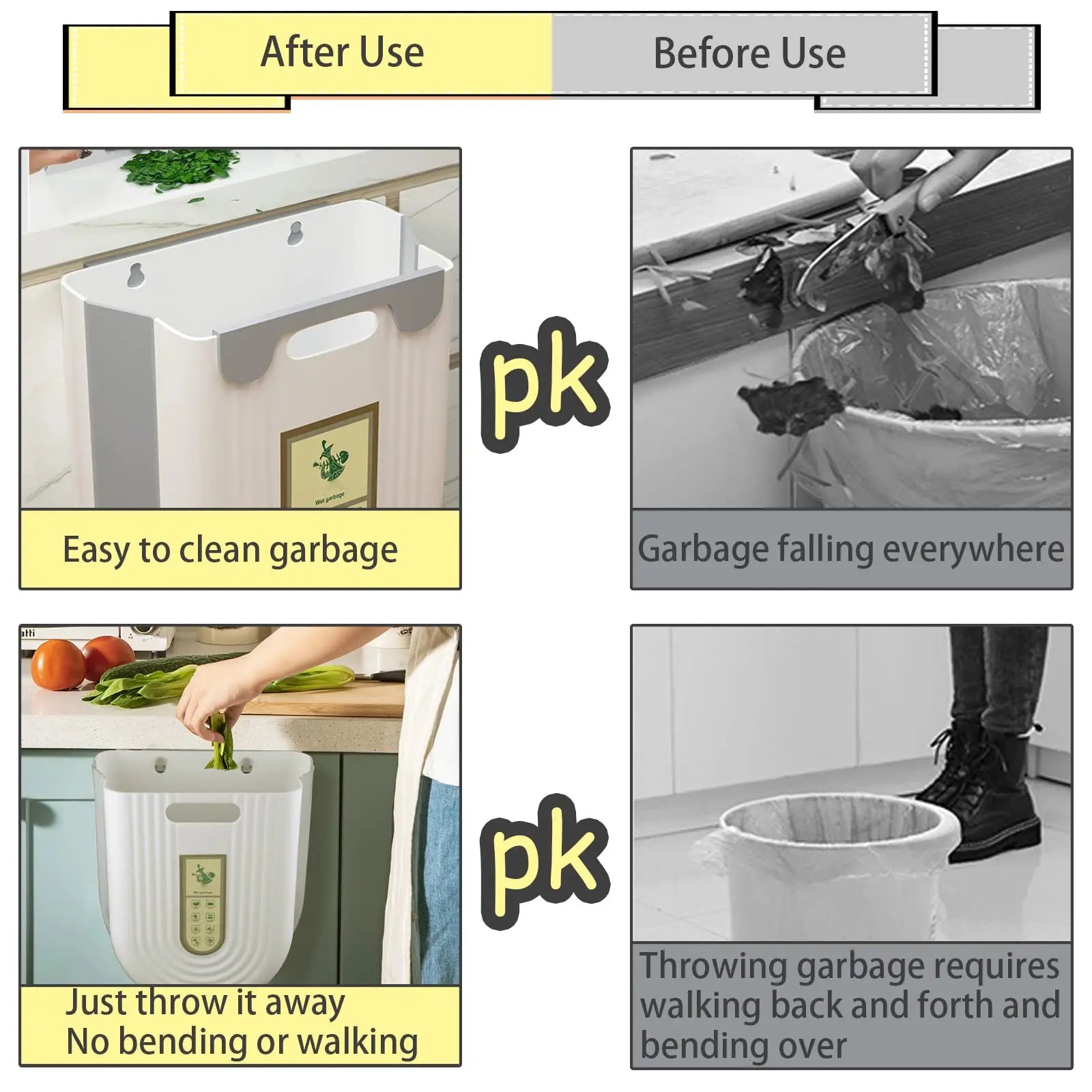 Before and after use comparison of a kitchen trash bin with text highlighting its benefits.