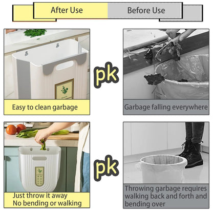 Before and after use comparison of a kitchen trash bin with text highlighting its benefits.
