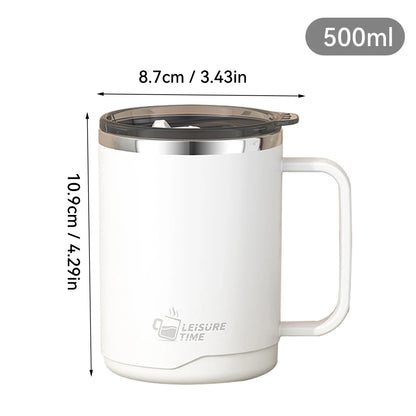 White insulated mug with dimensions and capacity label on a white background