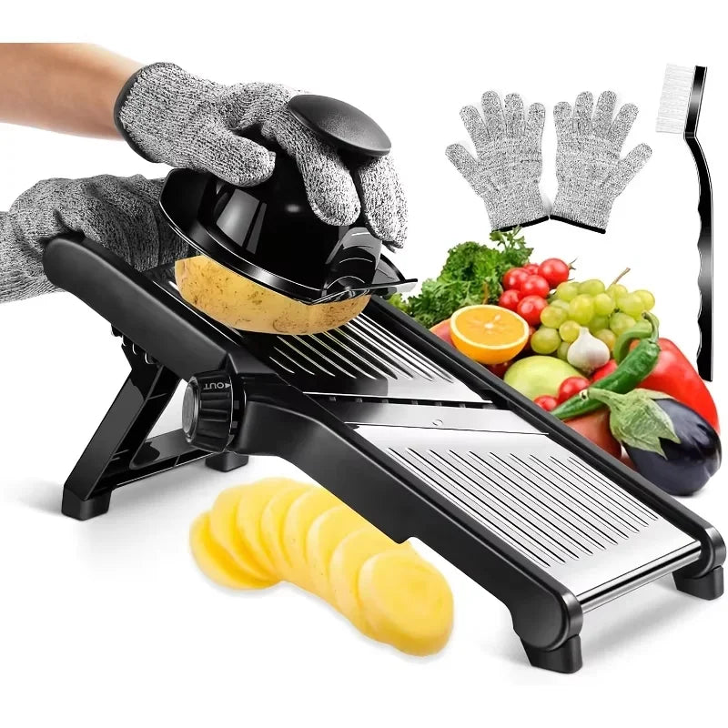 Black mandoline slicer with sliced potatoes, vegetables, and gloves on a white background