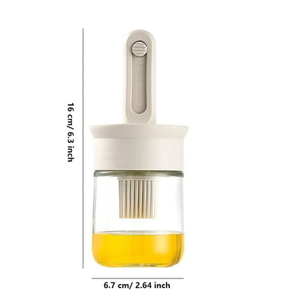 Glass container with a white lid and yellow liquid, showing dimensions on a white background