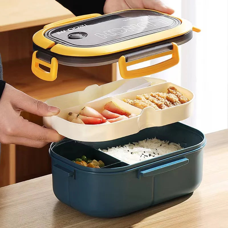 Multilayered lunch box with compartments containing food on a wooden table.