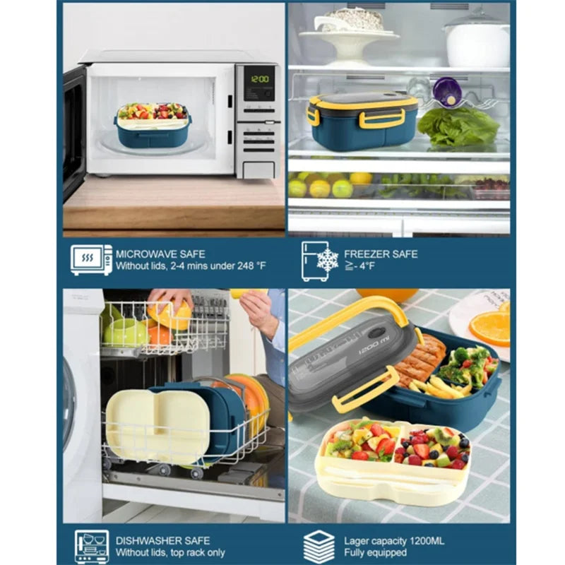 Multifunctional food containers used in microwave, refrigerator, dishwasher, and freezer with safety labels.