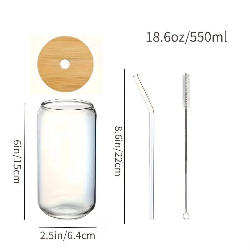 Glass tumbler with bamboo lid, straw, and cleaning brush with measurements on a white background