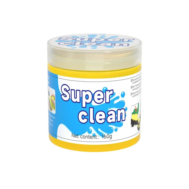 Jar of 'Super Clean' with blue and yellow design on a white background