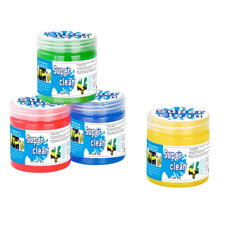 Five containers of 'Super clean' product in different colors on a white background