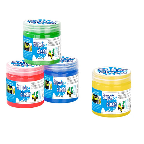 Five containers of 'Super clean' product in different colors on a white background