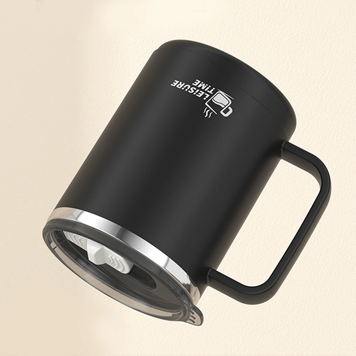 Black insulated mug with handle on a beige background