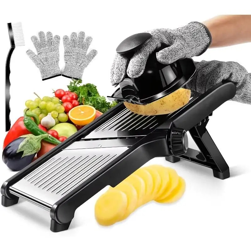 Black mandoline slicer with sliced potatoes, surrounded by vegetables and gloves on a white background